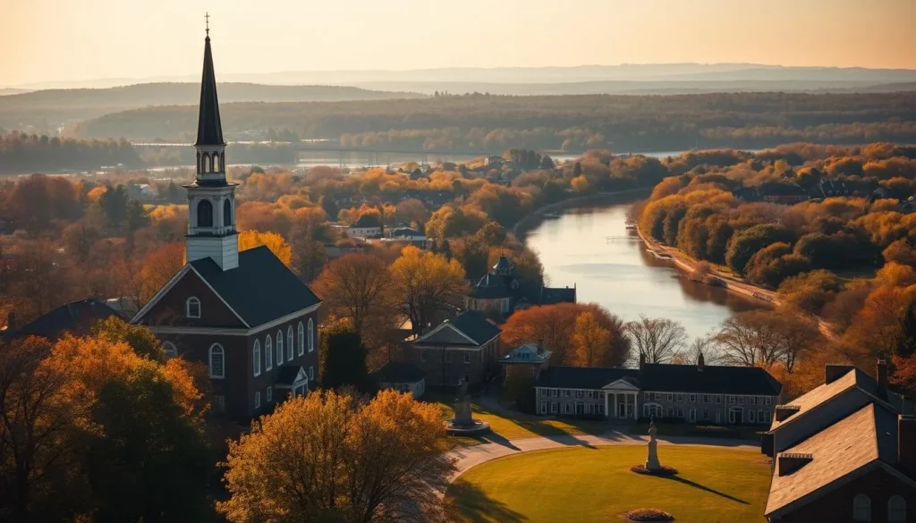 A serene landscape bathed in warm, golden light showcases the historic landmarks of the American Revolution in Massachusetts. The iconic Old North Church stands tall, its steeple casting a gentle shadow over the cobblestone streets below. In the foreground, the Lexington Battle Green - the site of the first shots fired - is dotted with colonial-era buildings and monuments, inviting visitors to step back in time. The middle ground features the picturesque Concord River, its tranquil waters reflecting the surrounding natural beauty. Distant hills and forests frame the scene, creating a sense of timeless tranquility that evokes the spirit of the American struggle for independence.