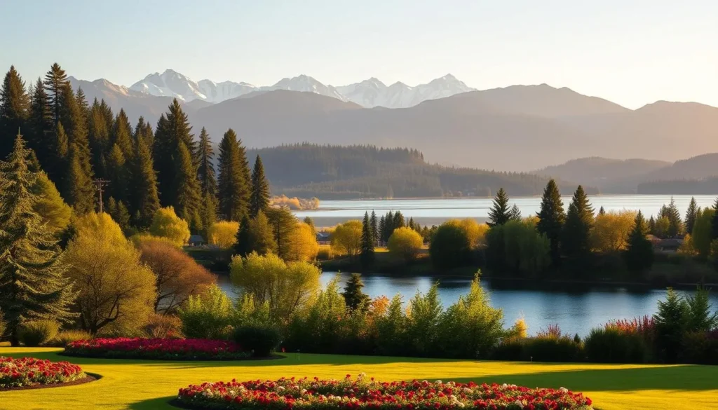 A serene landscape capturing the essence of Bellingham's natural charm. In the foreground, a vibrant park with lush greenery and blooming flower beds invites visitors to relax and unwind. The middle ground features a picturesque lake, its tranquil waters reflecting the surrounding mountains and towering evergreens. In the background, the majestic Cascade Range stands tall, bathed in warm, golden sunlight that casts a peaceful glow over the entire scene. The atmosphere is one of tranquility and rejuvenation, perfectly capturing the spirit of Bellingham's outdoor recreation and natural beauty.