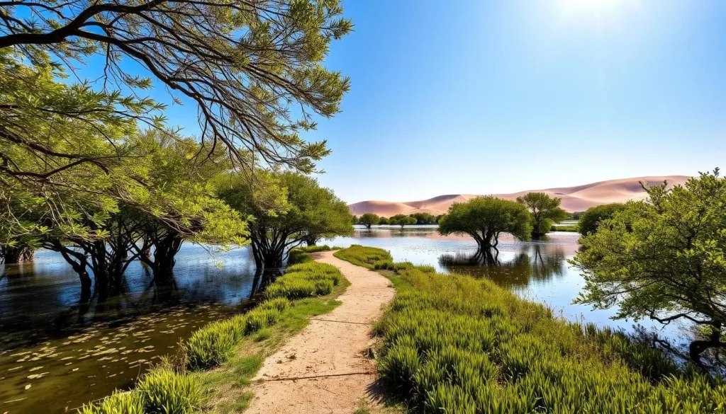 A serene landscape in Al Khor, Qatar, where the tranquil waters of a lagoon reflect the azure sky and the lush, verdant mangroves lining its shores. Sunlight filters through the swaying branches, casting a warm, golden glow over the scene. In the middle ground, a winding path invites exploration, leading visitors deeper into this hidden natural wonder. The background features the distinctive silhouettes of the rolling sand dunes, creating a stunning contrast between the lush greenery and the desert landscape. The overall atmosphere evokes a sense of tranquility and wonder, showcasing the natural beauty that makes Al Khor a true gem of Qatar.