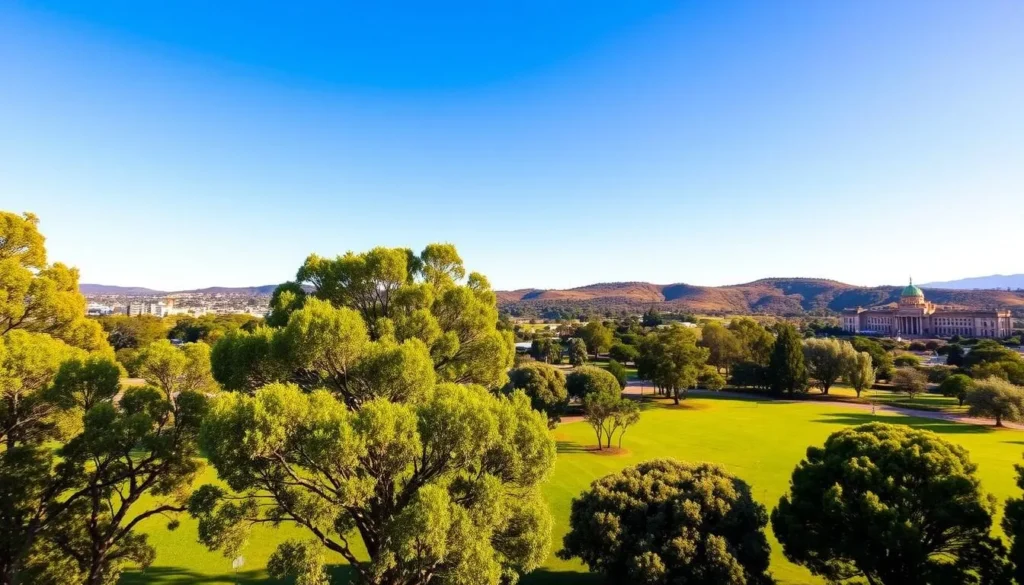 A serene landscape in Canberra, Australia, under a clear, azure sky. In the foreground, a lush, verdant park with towering eucalyptus trees casts dappled shadows on the manicured lawns. In the middle ground, the iconic Parliament House and surrounding government buildings stand proudly, their limestone facades gleaming in the warm, golden sunlight. In the distance, the rolling hills of the Australian Capital Territory stretch out, their slopes dotted with clusters of native bushes and shrubs. The scene conveys a sense of tranquility and civic pride, perfectly capturing the climate and character of Canberra.