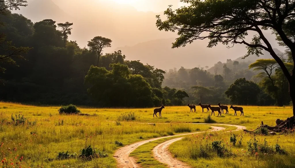 A serene landscape in Gabon, with lush, verdant rainforests in the background. In the foreground, a winding path leads through a tranquil meadow, dotted with vibrant wildflowers. Sunlight filters through the canopy, casting a warm, golden glow over the scene. A herd of graceful gazelles graze peacefully, their slender forms silhouetted against the distant hills. The overall atmosphere is one of tranquility and natural beauty, inviting the viewer to imagine the adventures and discoveries that await in this enchanting African nation.
