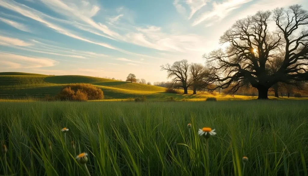 A serene landscape in Lansing, Michigan on a breezy spring day. Wispy cirrus clouds gently drift across the sky, casting soft shadows on the lush green meadows below. In the foreground, delicate wildflowers sway gracefully as a light, refreshing wind whispers through the swaying grass. The middle ground features rolling hills with clusters of vibrant foliage, their leaves rustling in the breeze. In the distance, the silhouettes of stately oak trees stand tall, their branches gently undulating, creating mesmerizing patterns of light and shadow. The scene is bathed in warm, golden hour lighting, evoking a sense of tranquility and natural wonder.