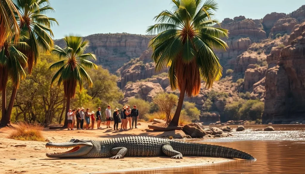 A serene landscape in Litchfield National Park, Northern Territory, Australia. In the foreground, a large crocodile sunbathing on a riverbank, its powerful jaws slightly agape. Tall, lush palm trees sway gently in the warm breeze, casting soft shadows across the scene. In the middle ground, a group of tourists carefully observing the crocodile from a safe distance, following park guidelines. The background showcases the park's stunning natural beauty, with rugged sandstone formations and a tranquil, glistening river winding through the landscape. Warm, golden sunlight bathes the entire scene, creating a serene and awe-inspiring atmosphere.