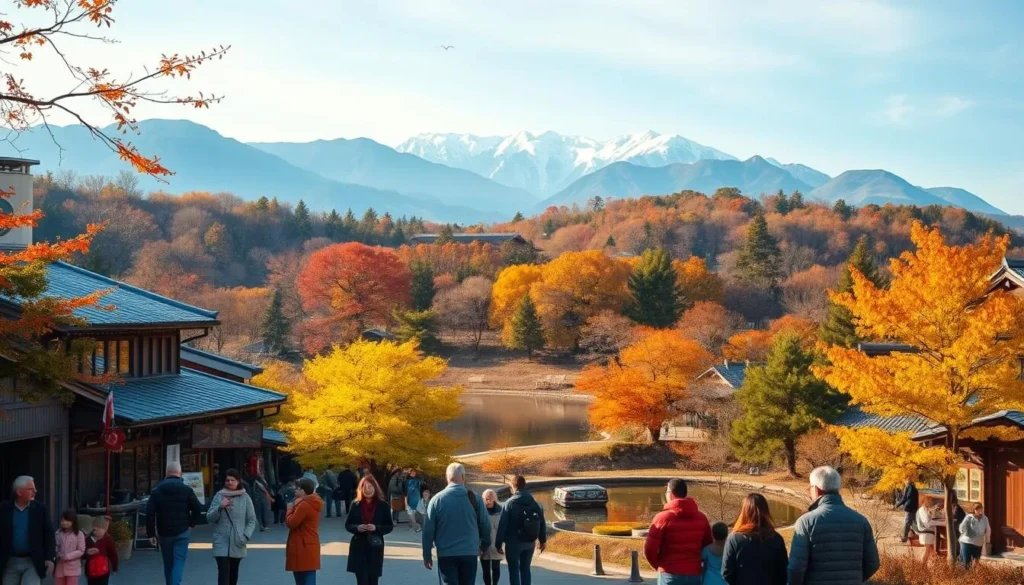 A serene landscape in the Kantō region of Japan, capturing the essence of seasonal activities. In the foreground, locals stroll along a picturesque village street, adorned with traditional architecture and vibrant foliage. In the middle ground, a tranquil pond reflects the changing hues of the surrounding trees, as families gather to admire the seasonal beauty. In the background, majestic mountains rise, their peaks shrouded in a soft mist. The scene is bathed in warm, natural lighting, creating a sense of harmony and peacefulness. The overall mood evokes the beauty and charm of the Kantō region throughout the year.
