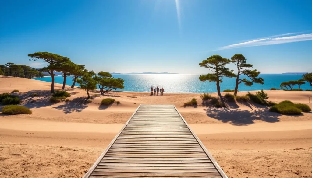 A serene landscape of Arcachon Bay, with its glistening waters reflecting the azure sky. Gently sloping sand dunes dotted with lush pine trees frame the picturesque bay, creating a breathtaking natural panorama. In the foreground, a wooden pier extends into the tranquil waters, inviting visitors to take a leisurely stroll and soak in the bay's peaceful ambiance. The warm, golden sunlight filters through the air, casting a warm, inviting glow over the scene. The overall atmosphere is one of tranquility and natural beauty, perfectly capturing the charm and allure of this idyllic French coastal region. A serene landscape of Arcachon Bay, with its glistening waters reflecting the azure sky. Gently sloping sand dunes dotted with lush pine trees frame the picturesque bay, creating a breathtaking natural panorama. In the foreground, a wooden pier extends into the tranquil waters, inviting visitors to take a leisurely stroll and soak in the bay's peaceful ambiance. The warm, golden sunlight filters through the air, casting a warm, inviting glow over the scene. The overall atmosphere is one of tranquility and natural beauty, perfectly capturing the charm and allure of this idyllic French coastal region.