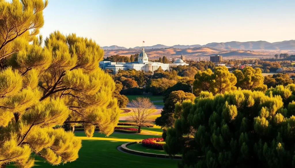 A serene landscape of Canberra in the Australian Capital Territory, bathed in warm, golden sunlight. In the foreground, a lush, verdant park with swaying trees and vibrant flower beds. In the middle ground, the iconic Parliament House and other government buildings stand tall, their distinct architecture complementing the city's modern yet elegant skyline. The background showcases the rolling, hilly terrain and the distant Blue Mountains, creating a picturesque and inviting atmosphere. The scene conveys the perfect balance of nature, architecture, and tranquility, capturing the essence of the best time to visit Canberra.