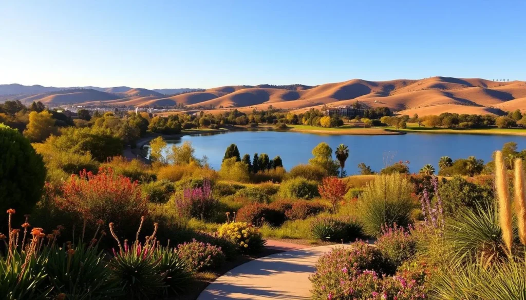 A serene landscape of Chula Vista Park, showcasing its lush greenery and tranquil lake. In the foreground, a winding path leads visitors through a diverse array of native flora, their vibrant colors accentuated by the warm, golden sunlight. In the middle ground, the peaceful lake reflects the surrounding trees and the clear, azure sky above. In the distance, the rolling hills of Chula Vista provide a picturesque backdrop, their gentle slopes blanketed in a verdant tapestry. The scene exudes a sense of tranquility and natural beauty, inviting the viewer to immerse themselves in the captivating splendor of this California gem.