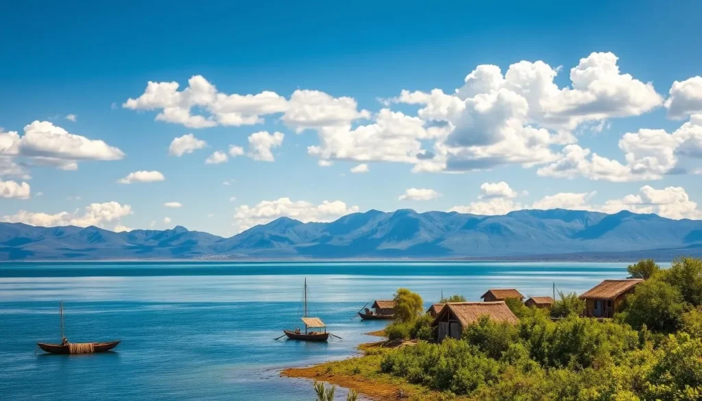A serene landscape of Lake Titicaca, Bolivia, with the majestic Andes mountains in the background. The crystalline waters of the lake reflect the azure sky, dotted with fluffy white clouds. In the foreground, a tranquil cove with lush, verdant foliage lining the shores. Traditional reed boats and fishermen's huts dot the scene, offering a glimpse into the local way of life. The warm, golden sunlight casts a soft, natural glow over the entire tableau, creating a peaceful and inviting atmosphere. The composition captures the breathtaking beauty of this unique region, showcasing the allure of exploring beyond the main islands of Lake Titicaca.