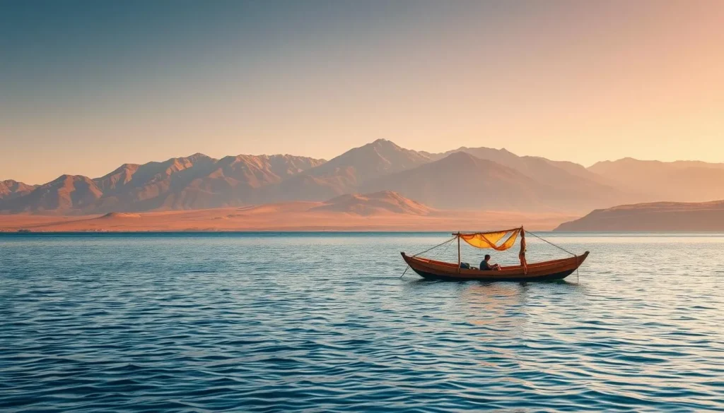 A serene landscape of Lake Titicaca, the highest navigable lake in the world, with the Andes mountains majestically rising in the background. In the foreground, a traditional Bolivian reed boat gently floating on the calm, azure waters, conveying a sense of tranquility and timelessness. The warm, golden sunlight illuminates the scene, casting a soft, romantic glow. The composition captures the essence of this unique destination, inviting the viewer to imagine themselves immersed in the picturesque setting, ready to embark on an unforgettable Lake Titicaca adventure.