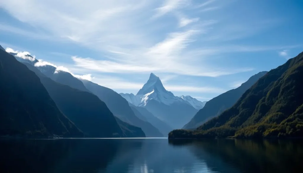 A serene landscape of Milford Sound, New Zealand, captured on a picturesque day. In the foreground, the tranquil, mirror-like waters of the fiord reflect the towering, snow-capped peaks of the Fiordland National Park. Wispy, ethereal clouds drift across a bright, azure sky, casting soft, diffused lighting over the scene. The middle ground features dense, lush forests cloaking the steep, rugged cliffs that line the shore, their verdant hues contrasting with the silvery-gray rocks. In the distance, the majestic, pyramid-shaped Mitre Peak rises majestically, its summit touching the heavens. An aura of serenity and natural wonder pervades the entire composition, capturing the essence of Milford Sound on a perfect day.