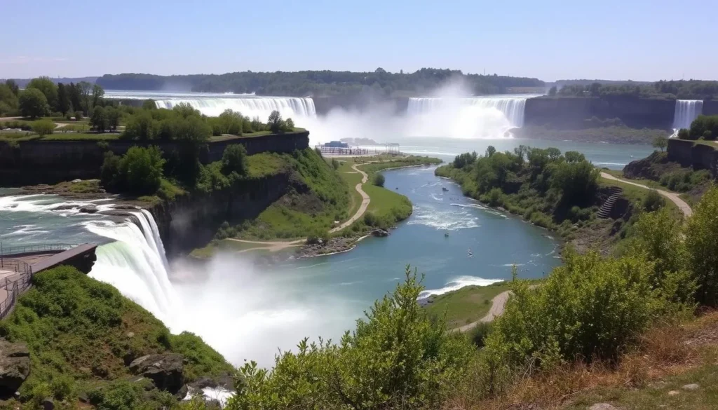 A serene landscape of Niagara Falls State Park on a sunny day. In the foreground, the iconic Horseshoe Falls cascade over the rocky cliffs, their powerful waters crashing into the misty pool below. The middle ground features lush, verdant foliage and walking paths, inviting visitors to explore the natural beauty. In the background, the American Falls and Bridal Veil Falls can be seen, their thunderous roar echoing through the park. The lighting is soft and natural, casting a warm glow over the scene. The overall mood is one of awe and tranquility, capturing the essence of this renowned natural wonder.