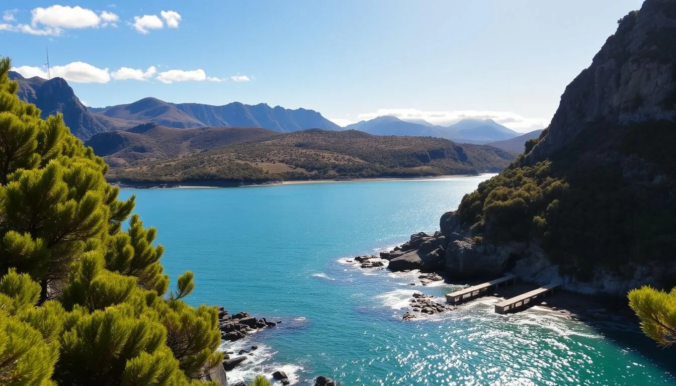 A serene landscape of Tasman National Park, Tasmania, captured under a bright, sun-dappled sky. In the foreground, lush, verdant foliage and towering, rugged cliffs frame a tranquil, turquoise bay. Gentle waves lap against the rocky shoreline, with a wooden jetty extending into the calm waters. In the middle ground, rolling hills and plateaus, covered in a patchwork of shrubs and grasses, lead the eye towards the distant, mist-shrouded mountains on the horizon. The scene exudes a sense of natural wonder and peaceful solitude, inviting the viewer to immerse themselves in the unspoiled beauty of this remarkable Australian wilderness.