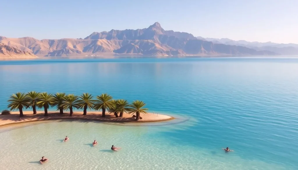 A serene landscape of the Dead Sea, Jordan, nestled between rugged, sun-drenched cliffs. The tranquil, turquoise waters reflect the clear, azure sky, creating a mirror-like surface. In the foreground, visitors leisurely float on the hypersaline waters, effortlessly buoyed by the sea's unique properties. The middle ground features lush, verdant palm trees lining the shore, adding a touch of lush greenery to the arid desert setting. In the distance, the dramatic, jagged silhouettes of the surrounding mountains rise up, creating a stunning, picturesque backdrop. Warm, golden sunlight bathes the entire scene, evoking a sense of peaceful relaxation and serene exploration.