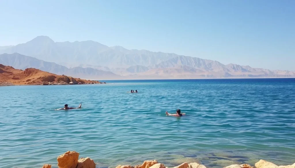 A serene landscape of the Dead Sea, Jordan, on a picturesque sunny day. In the foreground, the tranquil, mineral-rich waters reflect the azure sky, with visitors effortlessly floating atop the buoyant surface. The middle ground features a rugged, sun-baked shoreline, dotted with salt-encrusted rocks and sparse vegetation. In the distance, the dramatic, arid mountains of Moab rise up, creating a majestic backdrop. Warm, golden sunlight bathes the scene, casting long shadows and highlighting the unique geological features. The overall atmosphere evokes a sense of tranquility, timelessness, and the restorative power of this natural wonder.