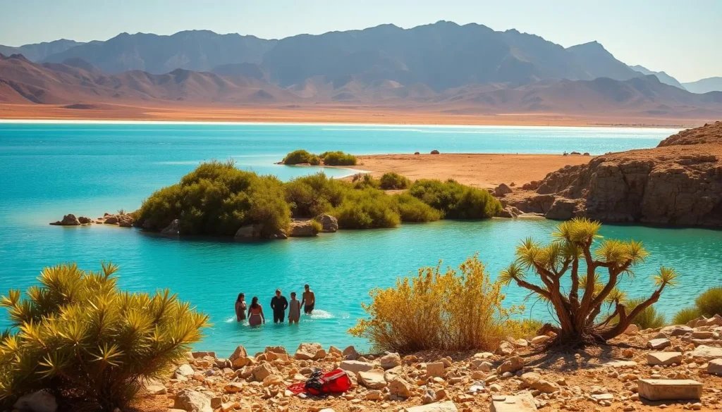 A serene landscape of the Dead Sea, with its striking turquoise waters and rugged, salt-encrusted shoreline. In the foreground, a group of tourists cautiously wade in the hypersaline waters, marveling at the unique natural phenomenon. The middle ground features lush, verdant foliage, a stark contrast to the barren, arid surroundings, hinting at the delicate environmental balance. In the distance, towering mountains rise, their peaks casting long shadows across the scene. The warm, golden light of the sun bathes the entire composition, creating a sense of tranquility and wonder. However, subtle signs of environmental degradation, such as receding water levels and accumulating waste, serve as a sobering reminder of the urgent need for responsible tourism and conservation efforts.