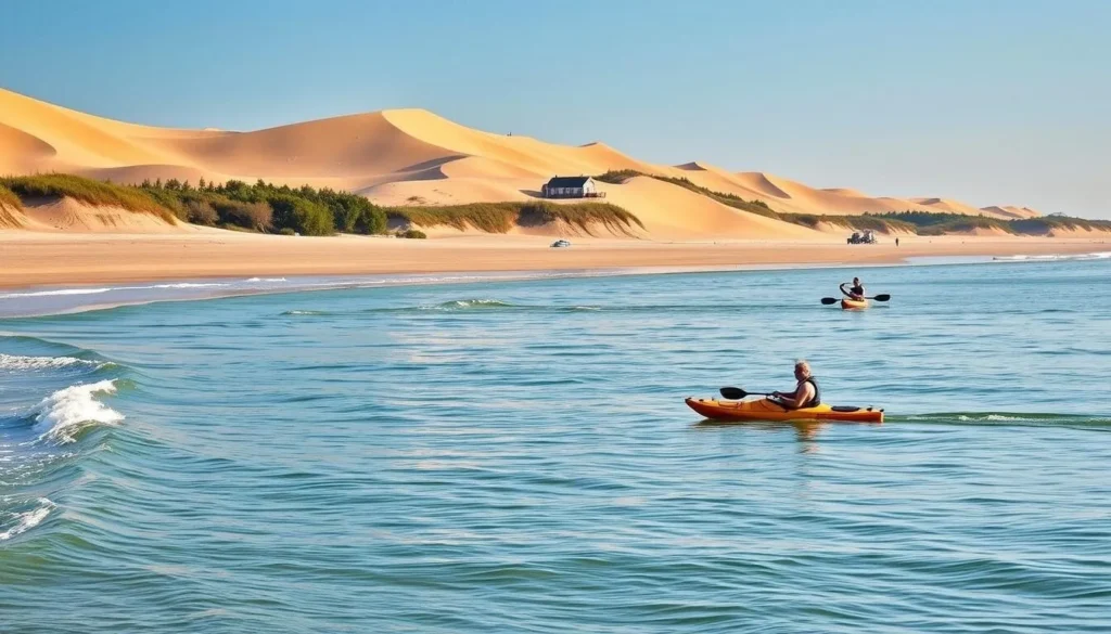 A serene landscape of the Indiana Dunes National Park, showcasing its diverse water activities beyond just swimming. Capture the gentle lapping of waves against the sandy shores, with a breathtaking view of the majestic dunes in the background, bathed in the warm glow of the afternoon sun. Depict kayakers gliding effortlessly across the tranquil waters, exploring the hidden coves and inlets that dot the coastline. The scene should convey a sense of adventure and exploration, inviting the viewer to immerse themselves in the natural beauty of this unique coastal environment.
