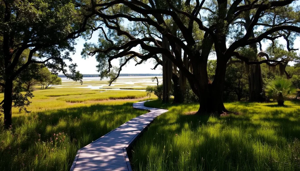 A serene landscape of the St. Simons Island Nature Preserve, Georgia. A lush, verdant forest canopy casts dappled sunlight upon a tranquil tidal marsh. In the foreground, a wooden boardwalk winds through tall grasses and wildflowers, inviting visitors to immerse themselves in the natural beauty. Majestic live oak trees, draped in Spanish moss, line the winding trails, leading the eye towards a distant horizon of marshes and the glimmering waters of the Intracoastal Waterway. The scene radiates a sense of peaceful solitude, capturing the essence of this coastal haven for nature lovers.