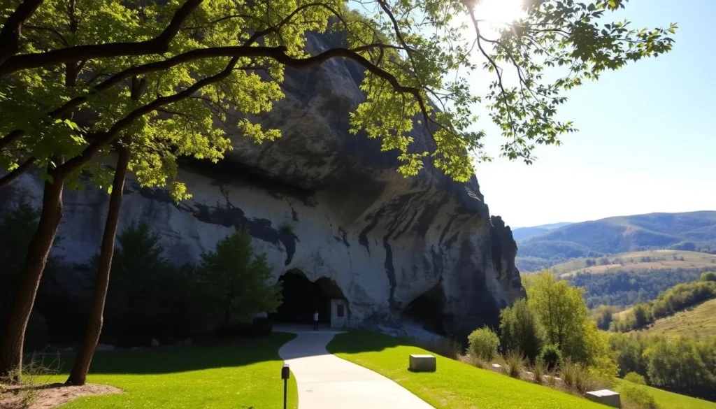 A serene landscape of the iconic Mammoth Cave entrance, with sunlight filtering through the trees and casting a warm glow on the limestone cliffs. In the foreground, a well-maintained path leads visitors towards the cave's inviting entrance, flanked by lush greenery and natural rock formations. The middle ground showcases the grand scale of the cave system, hinting at the vast underground network waiting to be explored. In the background, rolling hills and a clear blue sky create a picturesque backdrop, conveying a sense of peaceful exploration and adventure. The scene is captured with a wide-angle lens, emphasizing the accessibility and grandeur of this natural wonder.