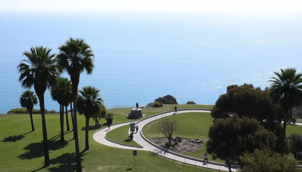 A serene landscape overlooking the vast Pacific Ocean from Palisades Park in Santa Monica, California. In the foreground, lush green lawns and towering palm trees sway gently in the warm coastal breeze. The middle ground features a winding walking path, dotted with joggers and strollers taking in the stunning vistas. In the background, the horizon is dominated by the infinite blue expanse of the ocean, with glistening waves lapping against the rocky cliffs below. Soft, diffused sunlight bathes the scene, creating a tranquil and picturesque atmosphere. Capture the essence of this iconic California destination, where nature and urban life seamlessly coexist.