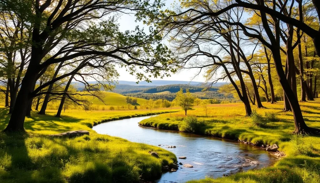 A serene landscape showcasing the natural beauty of Kalamazoo, Michigan. In the foreground, a lush forest of towering oak and maple trees casts dappled shadows on a winding creek, its crystal-clear waters reflecting the tranquil scene. In the middle ground, rolling hills covered in verdant meadows dotted with vibrant wildflowers sway gently in a soft breeze. The background reveals a distant horizon, where the silhouettes of majestic hills and forests merge with the bright, cloudless sky. Warm, golden sunlight bathes the entire scene, creating a welcoming, serene atmosphere that captures the essence of this Midwestern gem.