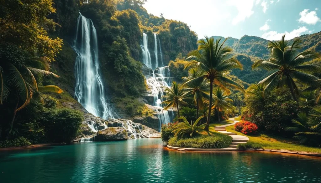 A serene, lush tropical setting in South Cebu, Philippines. A majestic, multi-tiered waterfall cascades down a verdant, rocky cliff face, surrounded by dense, vibrant foliage. Sunlight filters through the canopy, casting a warm, golden glow on the crystalline waters. In the foreground, a tranquil pool reflects the cascading falls, inviting viewers to immerse themselves in the calming atmosphere. The middle ground features a winding path leading towards the waterfall, flanked by towering palm trees and exotic flowers. The background showcases the rolling, verdant hills of the lush, unspoiled South Cebu landscape. An enchanting, serene, and visually captivating scene that captures the essence of "Chasing Waterfalls in South Cebu".
