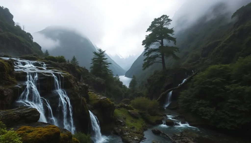A serene, misty landscape of Milford Sound, New Zealand. In the foreground, crystalline waterfalls cascade down rugged, moss-covered cliffs, their flowing waters glimmering in the soft, diffused lighting. The middle ground features lush, verdant foliage and towering, ancient beech trees, creating a sense of primeval wilderness. In the background, majestic, snow-capped peaks rise majestically, their jagged silhouettes reflected in the still, mirror-like surface of the sound. The overall mood is one of awe-inspiring natural beauty, tranquility, and a timeless, unspoiled quality.