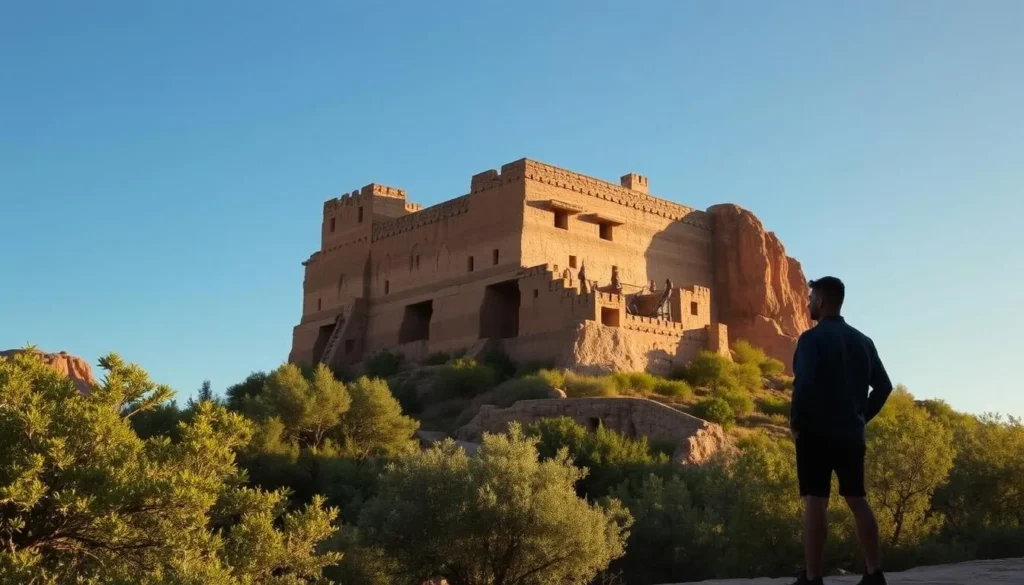 A serene morning at the ancient Montezuma Castle in Arizona, the 5-story limestone structure rising majestically against a clear blue sky. The scene is bathed in soft, warm lighting, casting gentle shadows across the intricate architectural details. A wide-angle lens captures the entire building, framed by the lush, verdant foliage of the surrounding landscape. In the foreground, a lone visitor pauses to admire the breathtaking view, their silhouette providing a sense of scale and human presence. The overall atmosphere evokes a timeless tranquility, inviting the viewer to pause and appreciate the historical significance and natural beauty of this remarkable National Monument.