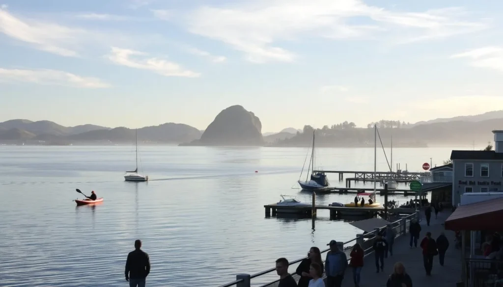 A serene morning in Morro Bay, California. Soft light filters through wispy clouds, illuminating the calm waters of the harbor. In the foreground, locals and visitors stroll along the boardwalk, stopping to admire the majestic Morro Rock looming in the distance. Kayakers glide across the bay, while fishermen cast their lines from the docks. The middle ground features quaint seaside shops and cafes, their colorful facades reflecting in the glassy surface. In the background, rolling hills dotted with oak trees provide a picturesque natural backdrop. Capture the tranquil atmosphere and the range of activities that make Morro Bay a quintessential California coastal destination.