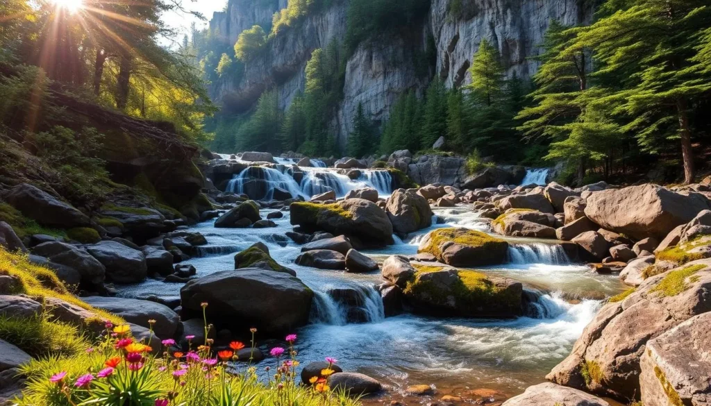 A serene mountain stream cascades over rugged, moss-covered rocks, forming a series of picturesque waterfalls in the heart of West Virginia's lush, green forests. Sunlight filters through the canopy, casting a warm, golden glow on the rushing water. In the foreground, vibrant wildflowers dot the riverbanks, while towering cliffs rise up in the background, creating a majestic, natural amphitheater. The scene exudes a sense of tranquility and wonder, inviting the viewer to immerse themselves in the beauty of this stunning, mountainous landscape.