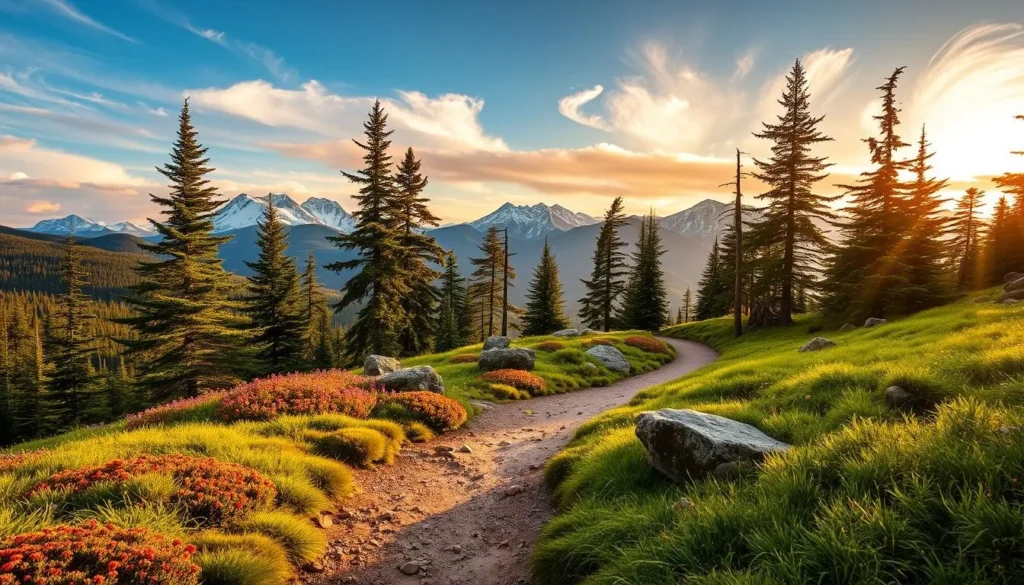 A serene mountain trail winding through a lush, verdant landscape. The foreground features a well-trodden path, lined with vibrant wildflowers and mossy boulders. In the middle ground, towering pine trees sway gently in a warm, gentle breeze. The background showcases majestic, snow-capped peaks bathed in soft, golden sunlight filtering through wispy clouds. The scene conveys a sense of peaceful tranquility and natural wonder, perfect for exploring Baxter State Park during the best times of year.