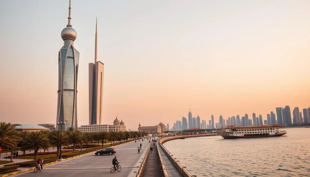 A serene oasis amidst the Arabian Gulf, Kuwait's iconic landmarks stand tall in the golden hour. In the foreground, the majestic Kuwait Towers rise gracefully, their mesmerizing spheres reflecting the warm hues of the setting sun. In the middle ground, the waterfront promenade bustles with strollers and cyclists, framed by the elegant Al-Salam Palace and the striking Al-Hashemi II dhow. In the distance, the shimmering skyline of Kuwait City completes the picturesque scene, captured through a wide-angle lens that showcases the harmonious blend of modern architecture and timeless cultural charm. The entire composition exudes a sense of tranquility and wonder, inviting the viewer to discover the hidden gems of this Arabian treasure.