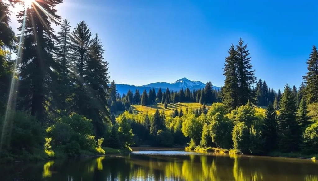 A serene oasis amidst the bustling city, Redmond Park showcases the stunning natural beauty of the Pacific Northwest. In the foreground, a tranquil lake reflects the lush, verdant foliage surrounding it, with tall evergreen trees lining the shores. Sunlight filters through the canopy, casting a warm, golden glow over the scene. In the middle ground, winding trails invite visitors to explore the park's diverse landscapes, from rolling meadows to dense woodlands. In the distance, the majestic Cascade Mountains rise up, their snow-capped peaks touching the azure sky. The overall atmosphere is one of serenity and wonder, inviting visitors to immerse themselves in the serene, natural splendor of Redmond.