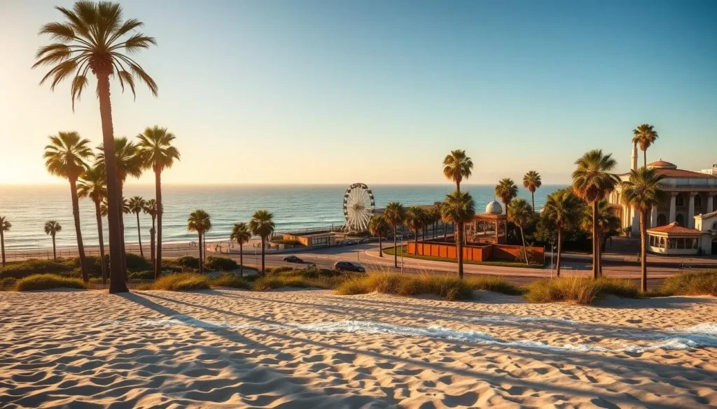 A serene oceanfront scene in Santa Monica, California. In the foreground, pristine sand and gently lapping waves caress the shore. Towering palm trees sway in the warm coastal breeze, casting delicate shadows across the landscape. The middle ground features the iconic Santa Monica Pier, its historic Ferris wheel and carousel visible in the distance. Beyond, the vast Pacific Ocean stretches to the horizon, its deep blue hues blending seamlessly with the clear sky above. Warm, golden sunlight bathes the entire scene, creating a sense of tranquility and natural beauty. Capture the essence of Santa Monica's coastal charm in a photorealistic, wide-angle image.