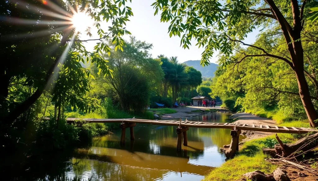 A serene, off-the-beaten-path scene in rural Laos. A rustic bamboo bridge arches over a tranquil river, flanked by lush, verdant foliage. Sunlight filters through the canopy, casting a warm, golden glow on the natural surroundings. In the distance, a group of villagers gather, engaged in their daily activities, creating a sense of authentic cultural immersion. The overall atmosphere exudes a peaceful, contemplative mood, inviting the viewer to step away from the crowds and discover the enchanting, overlooked gems of this enchanting Southeast Asian country.