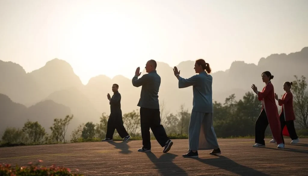 A serene outdoor Tai Chi session in Yangshuo, with a Tai Chi master instructing a small group.