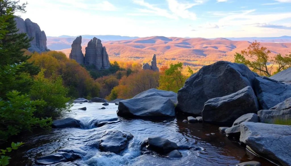 A serene outdoor scene in Berea, Kentucky showcasing the region's natural wonders. In the foreground, a crystalline stream cuts through lush, verdant foliage, inviting visitors to dip their toes. The middle ground features towering rock formations, their rugged, sun-kissed surfaces evoking a sense of timeless adventure. In the distance, rolling hills draped in a tapestry of autumn hues stretch out, creating a breathtaking panorama. Warm, golden sunlight filters through wispy clouds, casting a soft, magical glow over the entire landscape. This idyllic setting captures the spirit of Berea's outdoor adventures, beckoning explorers to venture beyond the hiking trails and discover the region's hidden gems.