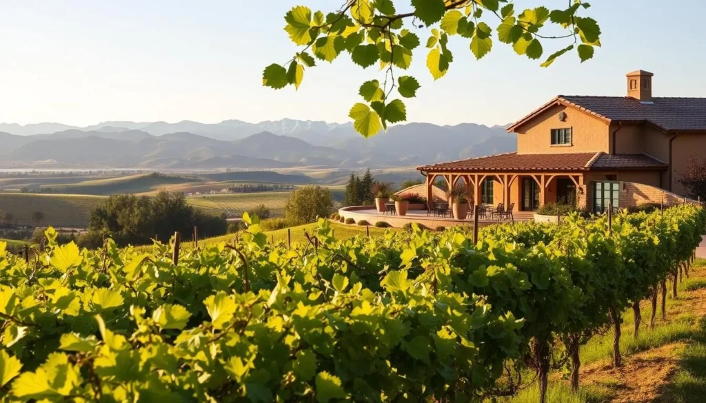 A serene outdoor scene in Temecula, California, showcasing its unique charm and natural beauty. In the foreground, a lush vineyard with rows of grapevines stretching out, their leaves gently swaying in the warm, golden light. In the middle ground, a quaint winery with a rustic, adobe-style architecture, its terrace overlooking the rolling hills. In the background, the majestic Palomar Mountains rise up, their peaks capped with a dusting of snow. The atmosphere is one of tranquility and relaxation, inviting the viewer to immerse themselves in the picturesque setting and experience the region's distinctive character.
