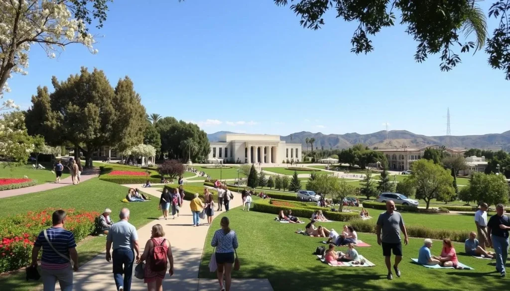 A serene outdoor scene in Yorba Linda, California, showcasing the vibrant energy of a bustling visitor's experience. In the foreground, a group of tourists explore a picturesque park, strolling along well-maintained pathways lined with lush greenery and blooming flowers. In the middle ground, families gather on picnic blankets, enjoying the warm sunshine and taking in the scenic vistas of nearby hills. In the background, the iconic Richard Nixon Presidential Library and Museum stands tall, its grand architecture and well-manicured grounds inviting visitors to explore the rich history of the region. The overall atmosphere exudes a sense of relaxation and discovery, capturing the essence of Yorba Linda as a premier destination for those seeking to immerse themselves in California's vibrant culture and natural beauty.