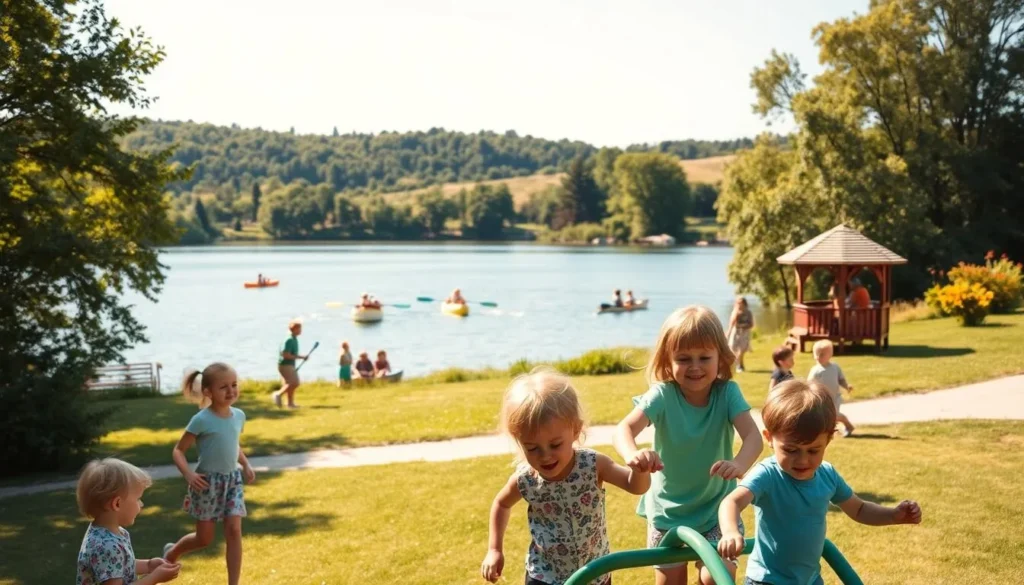 A serene outdoor setting in French Lick, Indiana, with families enjoying a variety of wholesome activities. In the foreground, children play on a well-maintained playground, their laughter filling the air. In the middle ground, a picturesque lake reflects the clear blue sky, where families paddle in canoes and kayaks. Surrounding the scene, lush green trees and rolling hills create a picturesque, natural backdrop, bathed in warm, golden sunlight that casts a cozy, inviting atmosphere. The overall mood is one of tranquility, joy, and a sense of community, perfectly capturing the essence of family-friendly activities in this charming Hoosier town.