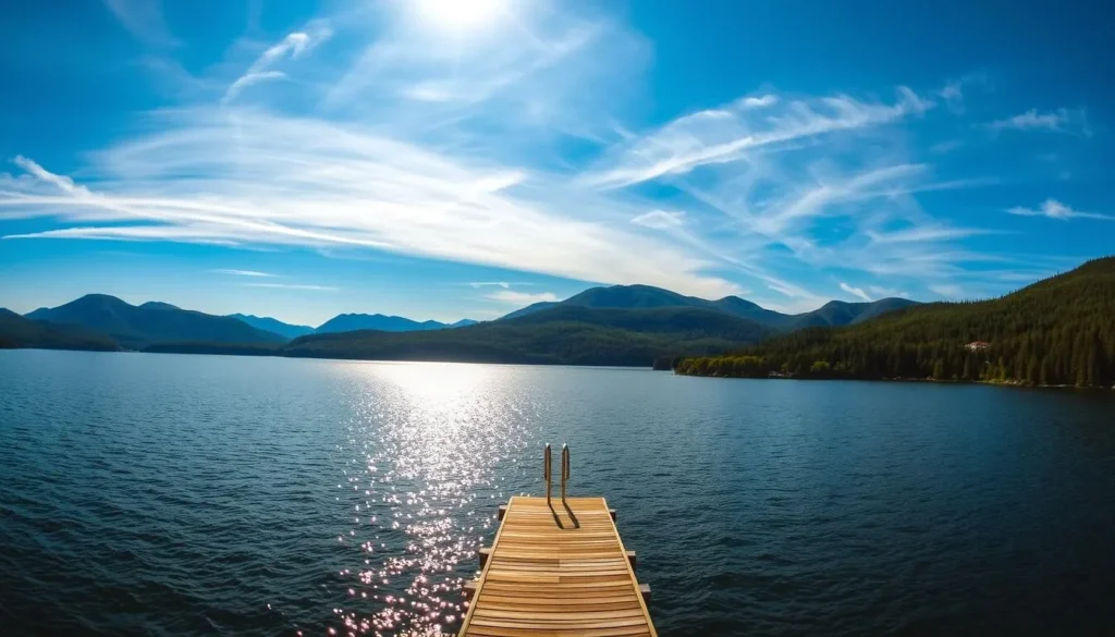 A serene panorama of Lake George, the "Queen of American Lakes," nestled amidst the rolling Adirondack Mountains. Sunlight dances on the tranquil waters, casting a warm glow over the lush, forested shoreline. In the foreground, a picturesque dock extends into the lake, inviting visitors to take in the breathtaking natural beauty. Wispy clouds drift across a vibrant blue sky, while the distant mountains rise majestically, creating a picturesque backdrop. Capture the essence of this idyllic upstate New York destination, where nature's splendor takes center stage.