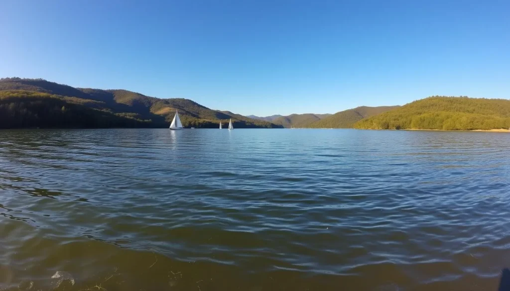 A serene panorama of Lewisville Lake, its calm waters reflecting the surrounding lush, verdant shoreline. In the foreground, sunlight dances on the gently lapping waves, while in the middle ground, sailboats and kayaks dot the surface, their masts and hulls casting elegant shadows. The background showcases the rolling hills and towering trees that frame the lake, bathed in the warm glow of a clear, azure sky. Capture the tranquil atmosphere of this picturesque day trip destination, perfect for outdoor recreation and scenic enjoyment.