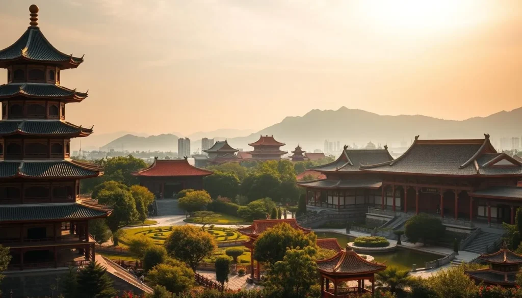 A serene panorama of Wuhan's ancient temples, bathed in warm, golden sunlight. In the foreground, the elegant pagoda of the Guiyuan Temple stands tall, its intricate architecture and ornate details inviting exploration. Surrounding it, a lush garden with vibrant flora and tranquil ponds creates a peaceful ambiance. In the middle ground, the majestic Biyun Temple rises, its vermilion walls and sweeping roofs reflecting the day's soft light. Beyond, the iconic Guanshan Mountain looms, its peaks capped with wispy clouds, creating a picturesque backdrop for this spiritual enclave. The scene exudes a sense of timeless serenity, capturing the essence of Wuhan's rich religious heritage.