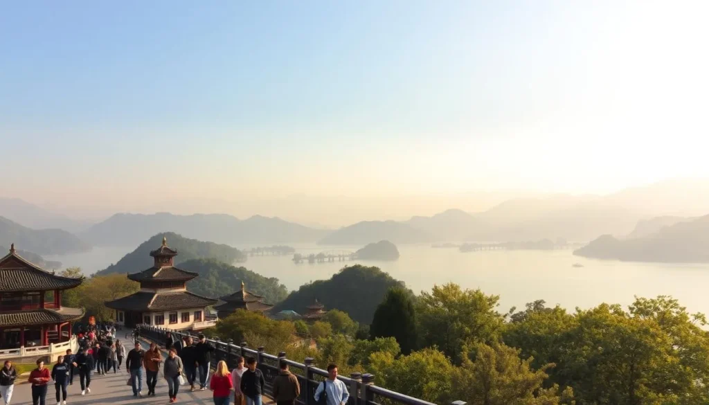 A serene panoramic view of Hangzhou's picturesque West Lake, surrounded by lush, rolling hills. In the foreground, a group of tourists stroll along the lakeside promenade, admiring the iconic pagodas and bridges. The middle ground features traditional Chinese architecture, with ornate roofs and intricate details. In the background, the misty mountains provide a breathtaking backdrop, bathed in warm, golden sunlight. The scene exudes a sense of tranquility and timelessness, capturing the essence of Hangzhou's charm and providing practical travel inspiration.