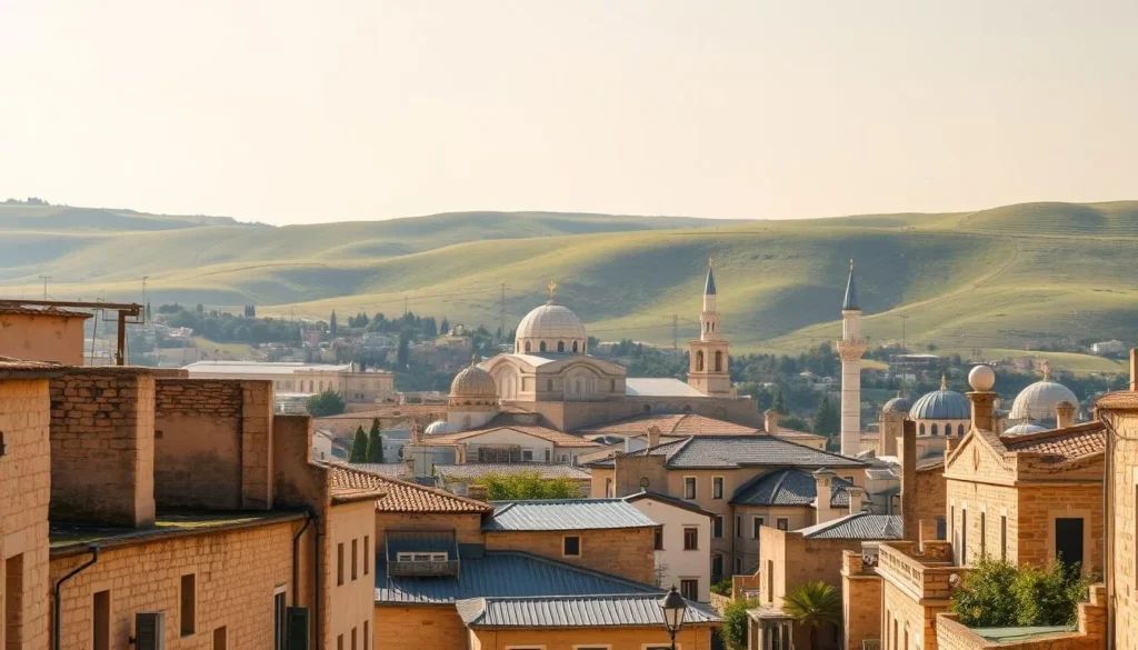 A serene, panoramic view of Nazareth's historic cityscape nestled among the rolling hills of Galilee. In the foreground, the charming stone buildings and narrow alleyways of the old city come into focus, their warm hues basking in the soft, golden light of a sunny day. The middle ground reveals the iconic white domes and minarets of religious structures, including the Church of the Annunciation, a central pilgrimage site. In the distance, the verdant, undulating landscape frames the scene, creating a picturesque, tranquil atmosphere evocative of the city's biblical heritage and timeless appeal. Capture this serene, panoramic view of Nazareth, the biblical city of Jesus, using a wide-angle lens and natural lighting to convey a sense of peace and timelessness.