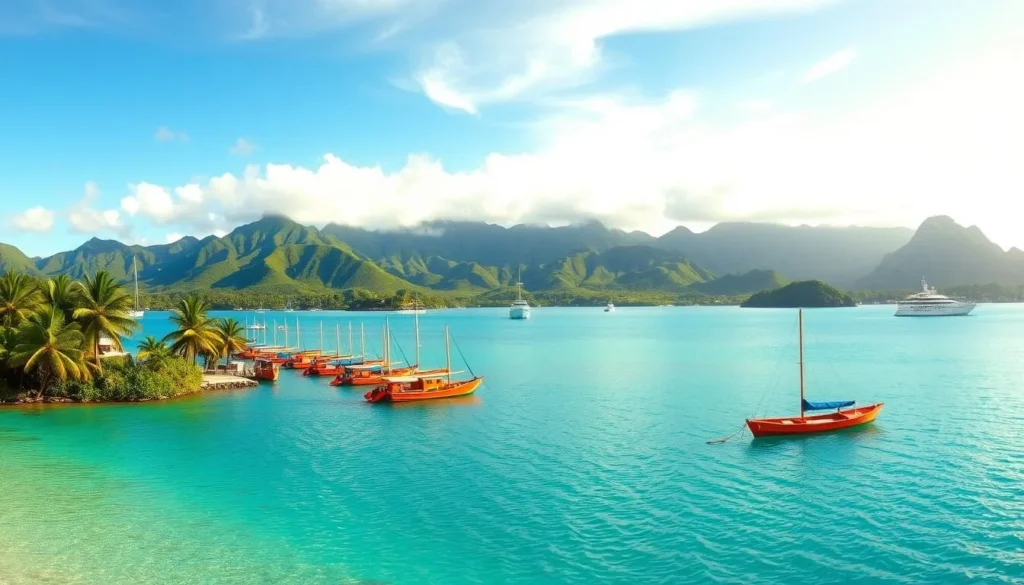 A serene panoramic view of Pago Pago Harbor, American Samoa. In the foreground, crystal-clear turquoise waters lap gently against the lush, palm-fringed shoreline. Mid-ground, a fleet of vibrant, traditional Samoan fishing boats sway peacefully at anchor. In the background, majestic, verdant mountains rise up, their peaks shrouded in wispy clouds illuminated by the warm, golden light of a sunny day. The scene exudes a tranquil, idyllic atmosphere, perfectly capturing the natural beauty and cultural essence of this picturesque Pacific harbor.