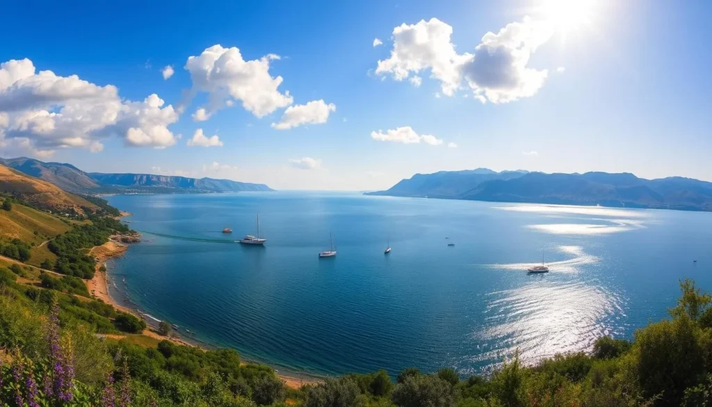 A serene, panoramic view of the Sea of Galilee, nestled between the rolling hills of the Galilee region in northern Israel. Sunlight dances across the tranquil, azure waters, casting a warm glow over the traditional fishing boats dotting the surface. The shoreline is lined with lush, verdant vegetation, while in the distance, the rugged, limestone cliffs of the Golan Heights rise majestically. Fluffy white clouds drift lazily across a clear, azure sky, evoking a sense of timelessness and spiritual tranquility. Capture the sacred essence of this iconic, biblical landscape in a classic, wide-angle photographic composition.