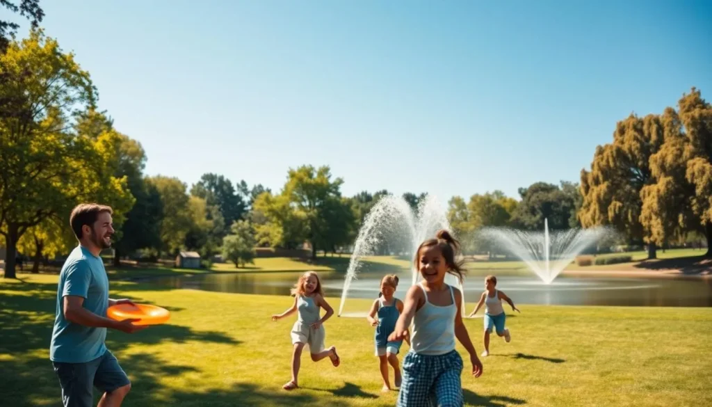 A serene park in Sacramento, California on a sunny day. In the foreground, a family of four plays a game of frisbee, their laughter and joy filling the air. In the middle ground, children run through a sprinkler, delighting in the refreshing water. The background features lush green trees and a picturesque pond, reflecting the clear blue sky above. The scene is bathed in warm, golden light, creating a welcoming and inviting atmosphere. The overall mood is one of carefree happiness and quality family time.