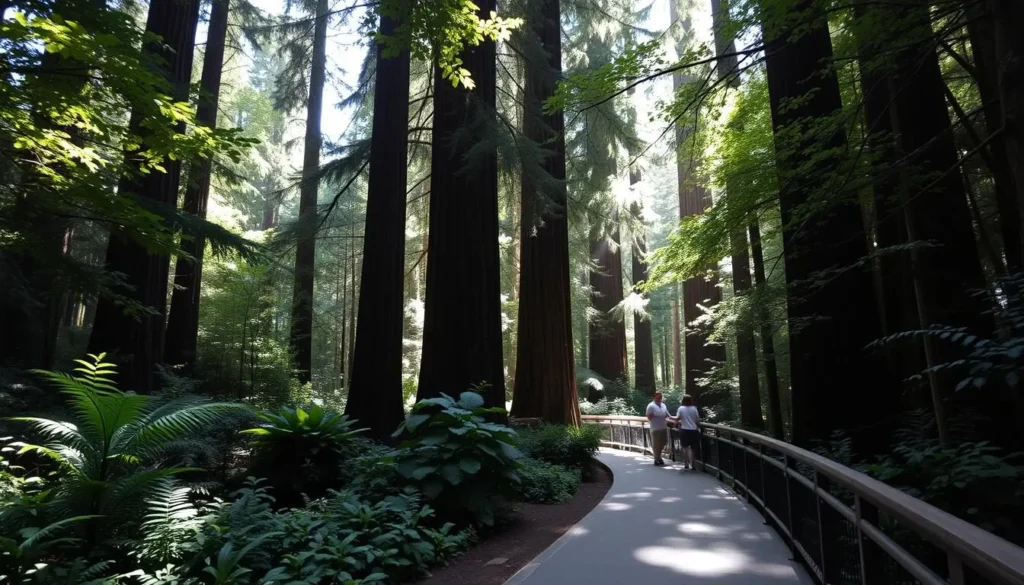 A serene path winding through the lush, verdant foliage of Muir Woods, with dappled sunlight filtering through the towering redwood canopy. Smooth, wide boardwalk leads visitors along an accessible route, allowing individuals of all abilities to fully immerse themselves in the tranquil, cathedral-like atmosphere. Gentle slopes and gradual inclines create an inclusive experience, showcasing the natural beauty of this treasured national monument. Capture the scene with a wide-angle lens, highlighting the scale and grandeur of the ancient redwoods while emphasizing the thoughtful, accessible design that enables everyone to appreciate this wonder of the natural world.