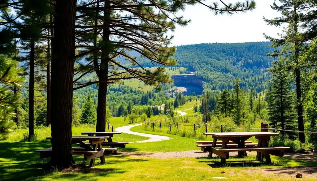 A serene picnic area nestled in the lush, verdant expanse of Gooseberry Falls State Park, Minnesota. The foreground showcases a cozy gathering of wooden picnic tables, their rustic charm complementing the natural surroundings. Towering pine trees cast gentle shadows, creating a dappled lighting effect that enhances the tranquil atmosphere. In the middle ground, a winding path leads visitors towards the stunning Gooseberry Falls, hinting at the park's breathtaking landscapes. The background is dominated by the park's rolling hills, blanketed in a vibrant tapestry of greens and dotted with the occasional splash of wildflowers. The overall scene exudes a sense of serenity and invites the viewer to imagine a perfect day of outdoor relaxation and exploration.