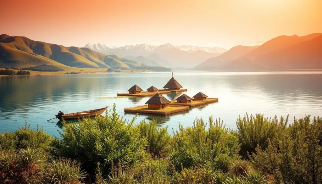 A serene, picturesque landscape of Lake Titicaca, Bolivia. In the foreground, crystalline waters reflect the lush, rolling hills and snow-capped peaks of the Andes mountains. Vibrant, verdant vegetation lines the shoreline, complemented by traditional reed boats gently floating on the tranquil surface. The middle ground showcases the iconic Uros floating islands, their distinctive architecture and colorful textiles blending harmoniously with the natural environment. Warm, golden sunlight bathes the scene, casting a soft, ethereal glow and creating a sense of peaceful tranquility. The overall composition evokes the beauty, serenity, and cultural richness of this magnificent Andean lake, inviting the viewer to plan an unforgettable visit.
